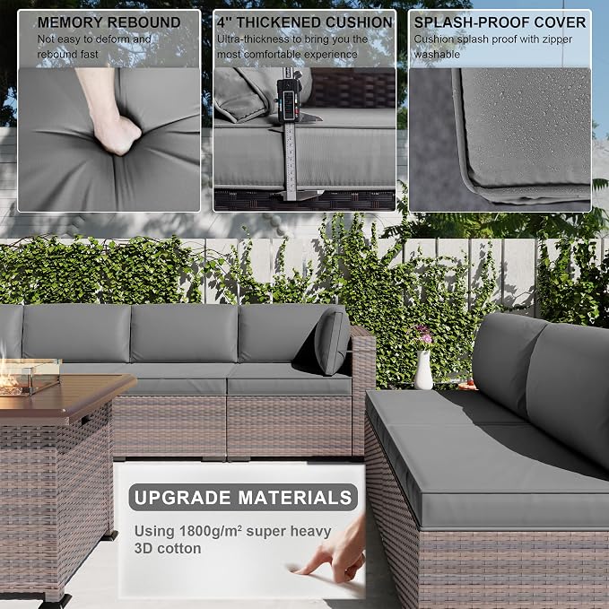 Kullavik 13PCS Outdoor Patio Furniture Set,PE Wicker Rattan Sectional Sofa Patio Conversation Sets with 43" 55000BTU Gas Propane Fire Pit Table,Swivel Rocking Chairs Set,Grey