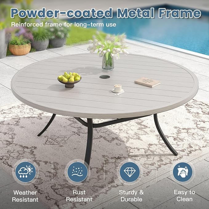 DIFY 63" Round Outdoor Patio Dining Table for 8-10, Metal Patio Table with 1.57" Adjustable Umbrella Hole, All-Weather Outdoor Furniture Table for Garden Backyard Deck, Grey Wood-Like