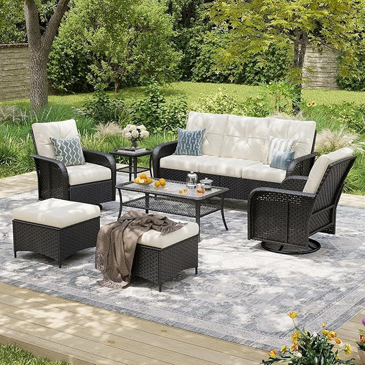 Aoxun Luxury 7-Piece Patio Furniture Set, 360° Swivel Chairs, Wicker Rattan Sofa with Thick Cushion, Outdoor Conversation Set for Backyard, Poolside & Garden, Black/Beige