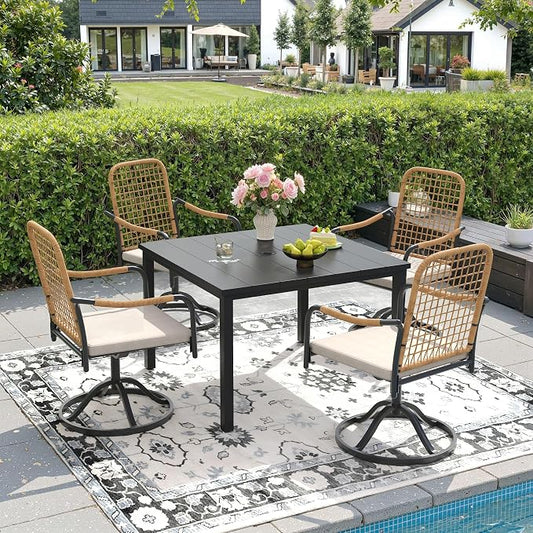 DIFY 5 Pieces Outdoor Dining Set, Metal Patio Table and Chairs Set for 4, 40.2" Square Dining Table with Umbrella Hole & Wicker Swivel Patio Chairs with Cushions, Black Tabletop