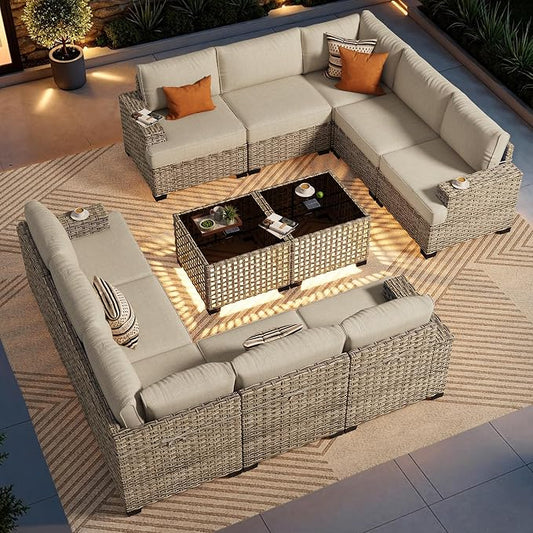 CAODOC Patio Furniture Sets 12 Pieces Outdoor Sectional Rattan Sofa Manual Weaving Wicker Patio Conversation Set with Ottomans and T Cushion(Beige)