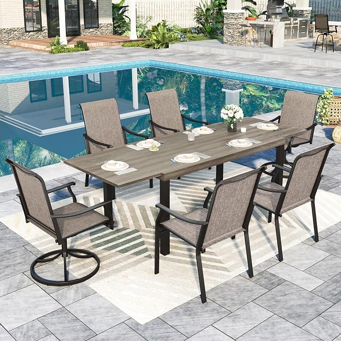 Sophia & William Patio Dining Set for 6, 4 x Patio Dining Chairs and 2 x Swivel Dining Chairs, Large 99" Wooden Texture Outdoor Dining Table and Chairs for Lawn, Park