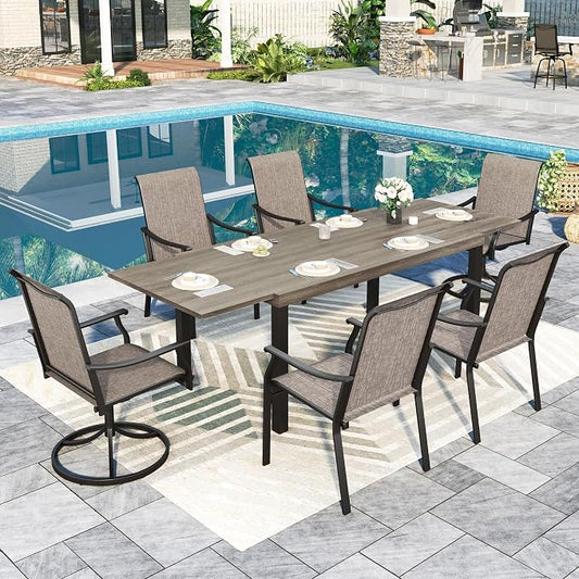Sophia & William Patio Dining Set for 6, 4 x Patio Dining Chairs and 2 x Swivel Dining Chairs, Large 99" Wooden Texture Outdoor Dining Table and Chairs for Lawn, Park