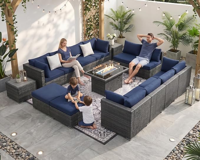 NICESOUL 15 Piece Outdoor Sectional with Fire Pit Table, Modern Luxury Patio Deep Seating w/Firepit, 29.3'' High-Back Wicker Couch Thick, Big High-Weight Capacity Sofa for Terrace, Yard, Gray & Blue