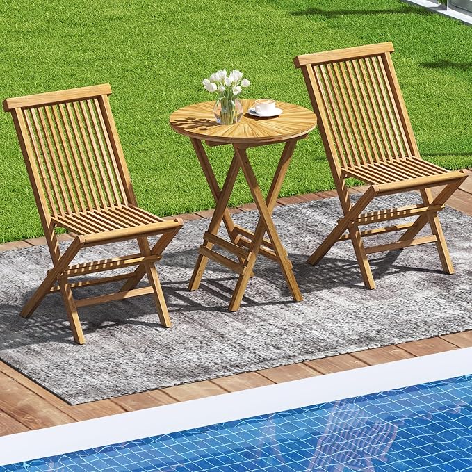 Tangkula Patio Folding Side Table, 23.5" Teak Wood Round End Table with Slatted Tabletop & X-Shaped Frame, Portable & Compact Bistro Table for Backyard, Poolside, Garden, Fully Assembled, Natural