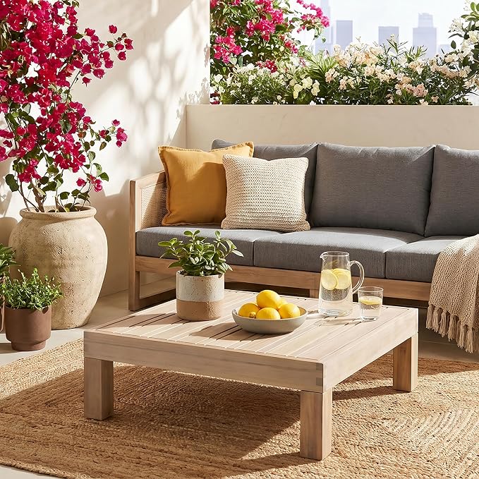 Christopher Knight Home Rynn Outdoor Coffee Table for Patio Furniture Set, Weather Resistant Acacia Wood Accent Table with Slatted Design, Rustic Square Side Table for Garden Porch, Light White
