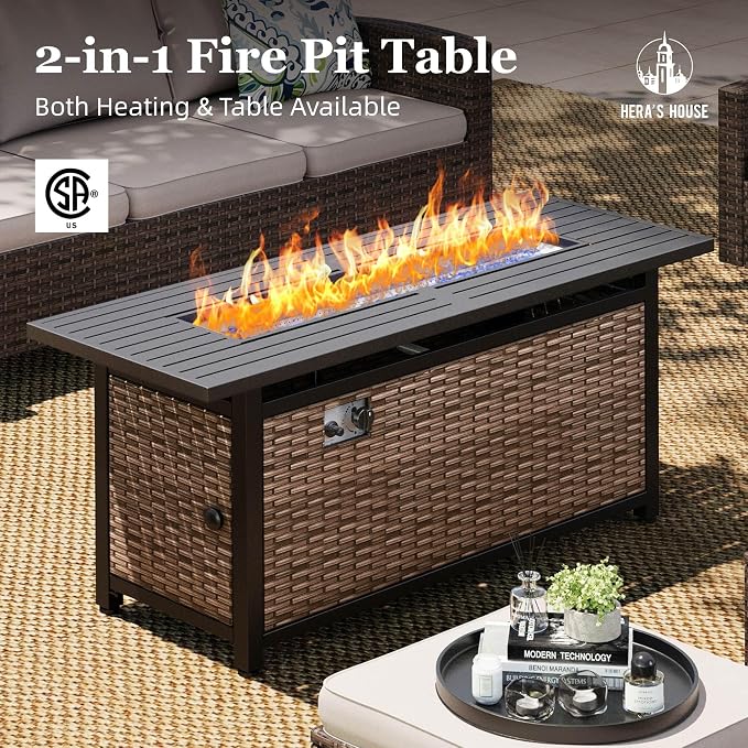 HERA'S HOUSE Patio Furniture Set with 56" Fire Pit Table, Outdoor Patio Conversation Sets, 6 Pieces 7 Seats Wicker Outside Sectional Sofa Set for Lawn Backyard Deck