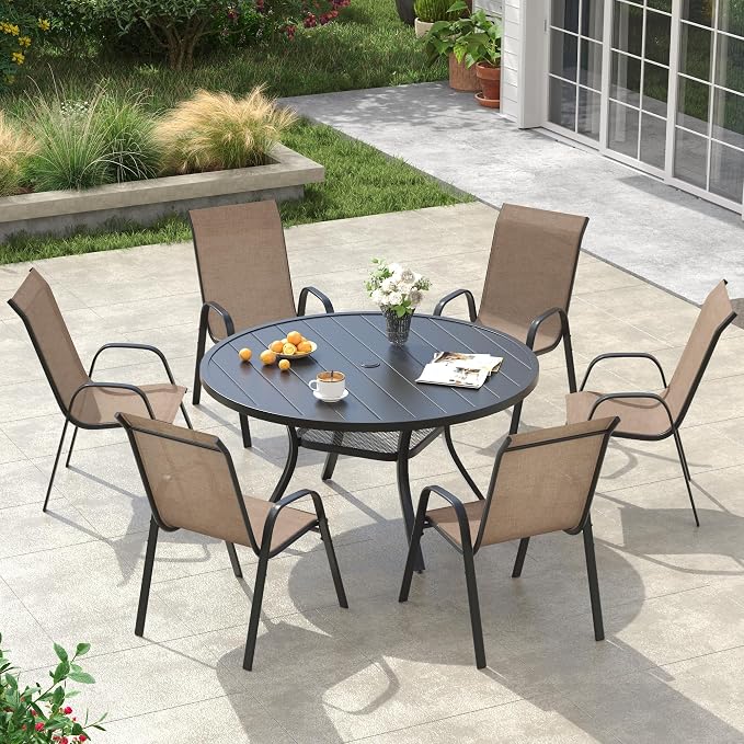 VICLLAX Round Patio Dining Set for 6, Metal Slatted Patio Table with Umbrella Hole and Stackable Patio Chairs for Deck Lawn Garden, Brown Fabric and Black Tabletop