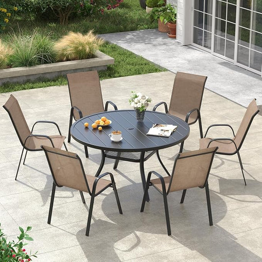 VICLLAX Round Patio Dining Set for 6, Metal Slatted Patio Table with Umbrella Hole and Stackable Patio Chairs for Deck Lawn Garden, Brown Fabric and Black Tabletop