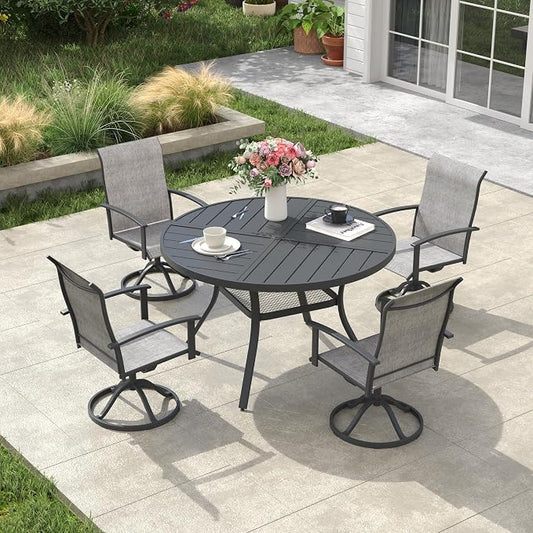 VICLLAX Outdoor Table and Chairs Set for 4, Patio Dining Set of 40.6" Metal Round Patio Table with Umbrella Hole & 4 Swivel Outdoor Dining Chairs for Backyard Lawn, Grey & Dark Grey