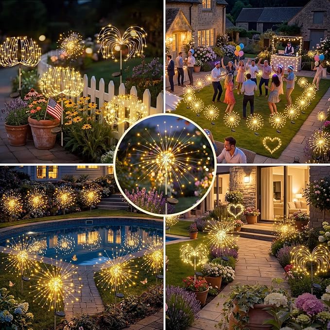 Solar Firework Lights Outdoor 2 Pack, 120LED Starburst Garden Lights Solar Powered with 8 Lighting Modes, Waterproof Decorative Lights for Flower Beds, Walkways, Small Garden & Patio Decor