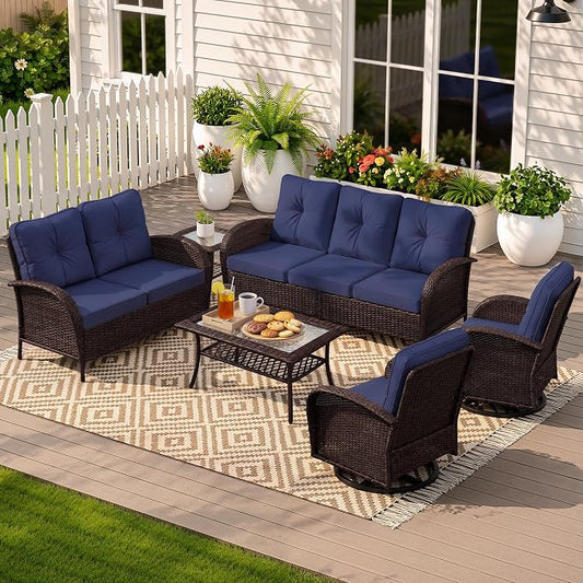 UPHA 6 Pieces Patio Furniture Sets, Wicker Outdoor Sofa Set with Loveseat & 3-Seat Couch, Swivel Chairs, Patio Conversation Set for Deck Backyard Garden, Brown Rattan, Navy Blue Cushion