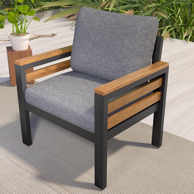 KLMM 4-Piece Outdoor Sofa Set for 5 People with Acacia Wood Armrests, Patio Conversation Set with Removable Cushion and Solid Wood Coffee Table,for Garden Backyard (Grey#g)