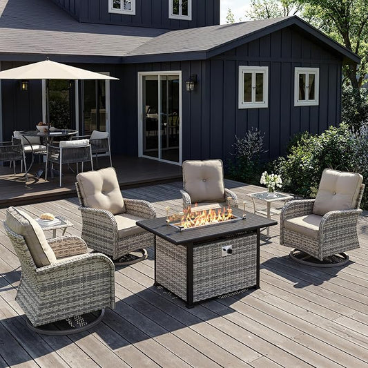 7Pcs Patio Rocking Swivel Chair with 55,000 BTU Fire Pit Table Outdoor Wicker Rattan Bistro Set with Tempered Glass Side Table, Outdoor Patio Furniture Set for Garden and Balcony, Beige