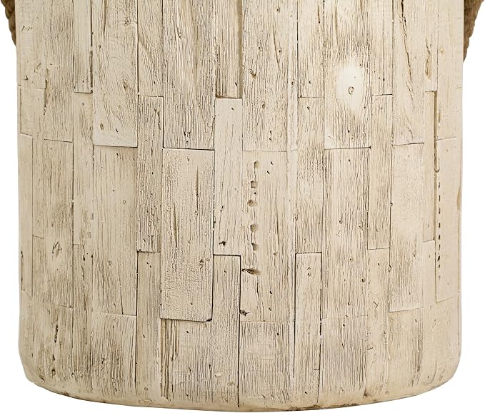 IRONORA Whitewashed Wooden Cylindrical Outdoor Side Table with Rope Handle, Rustic Round Accent Table, Weathered End Table for Patio Backyard Garden
