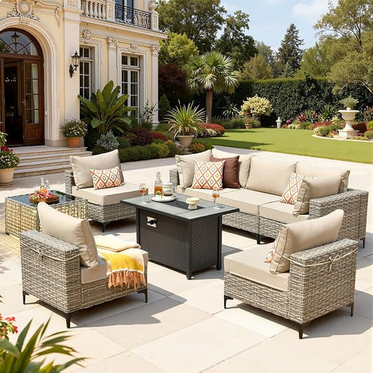 8 Pieces Patio Furniture Set with 42" Fire Pit, All-Weather Rattan Outdoor Sectional Conversation Sets L Shaped Sofas with Solar Light Coffee Table for Porch Balcony Backyard Beige