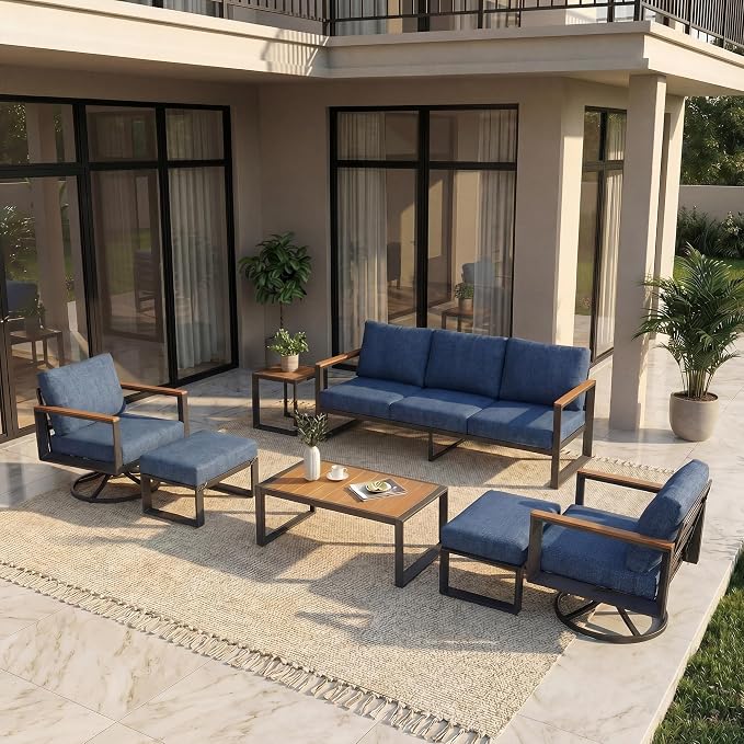 Aluminum Outdoor Patio Furniture Set 7 Pieces, 2 Swivel Rocking Chairs, 3-Seater Bench, 2 Ottomans, Coffee Table & Side Table, Patio Sectional Conversation Furniture Set with Thick Cushions