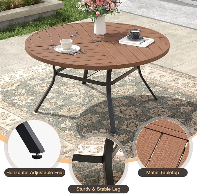 Outdoor Dining Set for 6, 50.1" Metal Round Outdoor Dining Table with Umbrella Hole and Sling Patio Swivel Chairs, 7 Pieces Patio Table and Chairs Set for Garden Backyard, Charcoal and Walnut