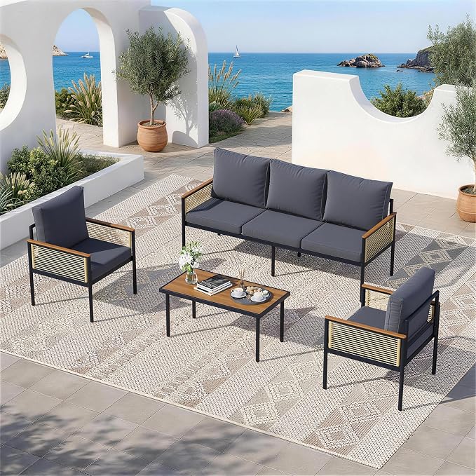 4 Pieces Patio Furniture Set, Outdoor Furniture Set with Table and Chairs, Metal Patio Conversation Sets with Thick Waterproof Cushions for Backyard, Garden, Poolside, Dark Grey (5 Seats)