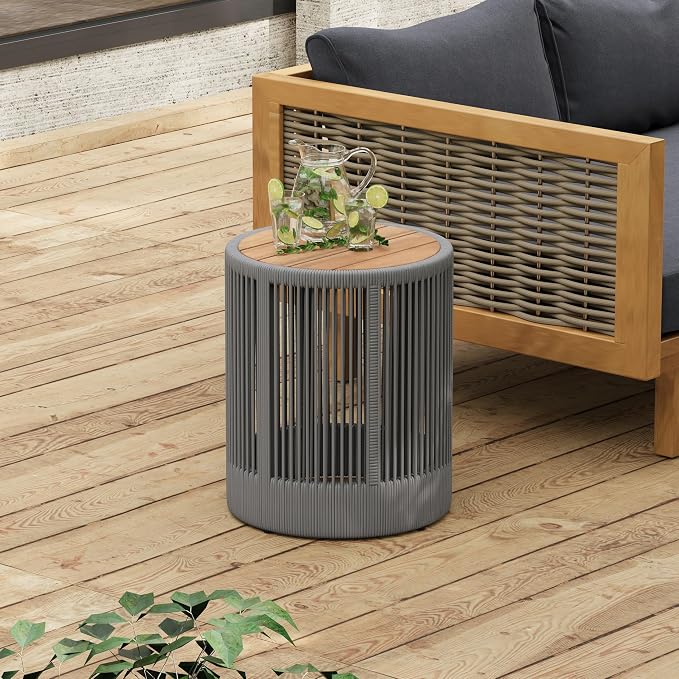 Outdoor Rattan Rope & Acacia Wood Side Table - Patio Balcony Furniture for Garden, Yard, Balcony - Weather Resistant(Rope Grey, Natural Iron)
