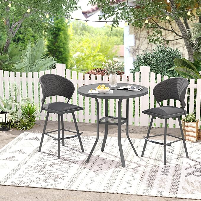 VICLLAX Patio Bar Height Table, Outdoor Round Bar Table with Umbrella Hole for Balcony, Porch, Deck, 37" Dark Grey