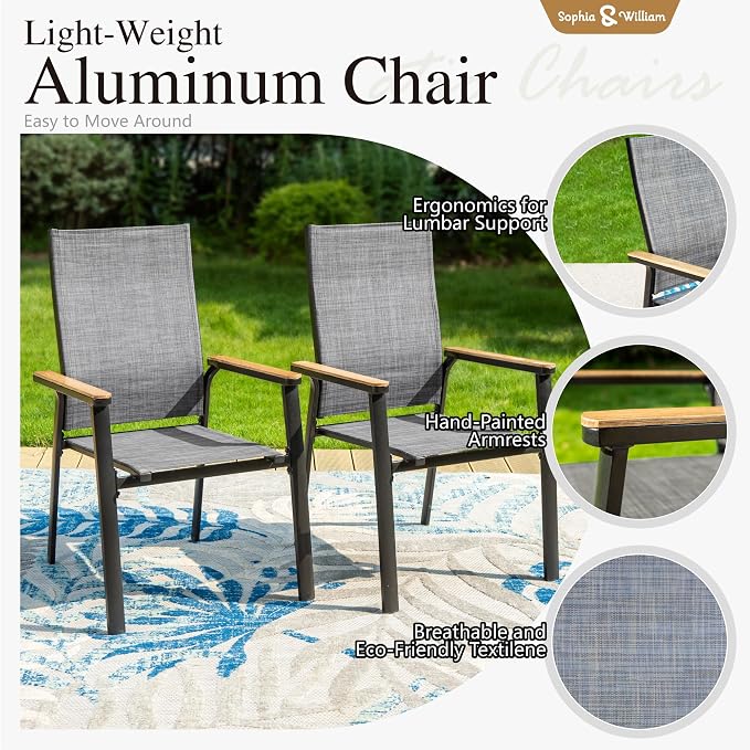 Sophia & William Patio Dining Chairs Set of 4, Stackable Aluminuum Frame | Grey textilene, Weather-resistant, light-weight & space-saving, Breathable & quick-drying, Outdoor deck backyard porch