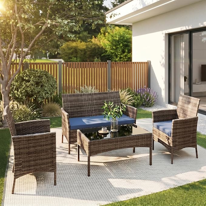 4 Pieces Outdoor Patio Furniture Set, Wicker Patio Conversation Set with Tea Table, All-Weather Outside Rattan Sectional Sofa for Backyard, Poolside, Garden, Balcony, Brown/Navy