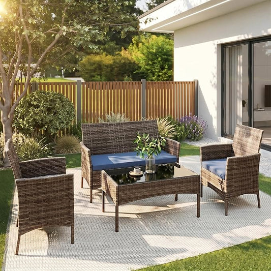 4 Pieces Outdoor Patio Furniture Set, Wicker Patio Conversation Set with Tea Table, All-Weather Outside Rattan Sectional Sofa for Backyard, Poolside, Garden, Balcony, Brown/Navy
