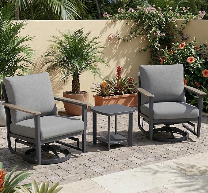 Aluminum Patio Swivel Rocking Chair Outdoor Bistro Set, 3PCS Patio Conversation Set Outdoor Patio Furniture Set with High Backrest & Thickened Cushions for Garden, Deck and Balcony, Grey