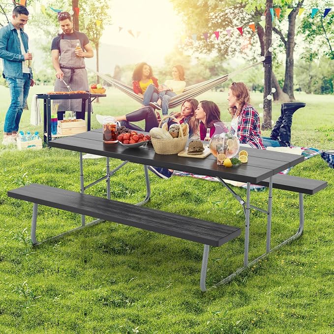 Giantex Folding Picnic Table - 6 FT Outdoor Table Bench Set for 8 Persons w/All-Weather HDPE Tabletop, Metal Leg, Umbrella Hole, Large Outside Dining Table for Patio Garden Yard Poolside (Black)
