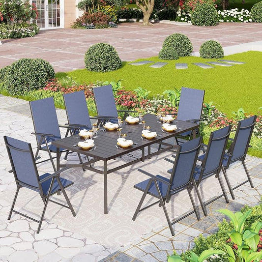 PHI VILLA Outdoor Dining Set for 8, Metal Table & Folding Chairs, Navy Blue | Light-weight & space-saving, Breathable & quick-drying, Rectangular, Umbrella Hole, Weather-Resistant, Adjustable, Patio deck