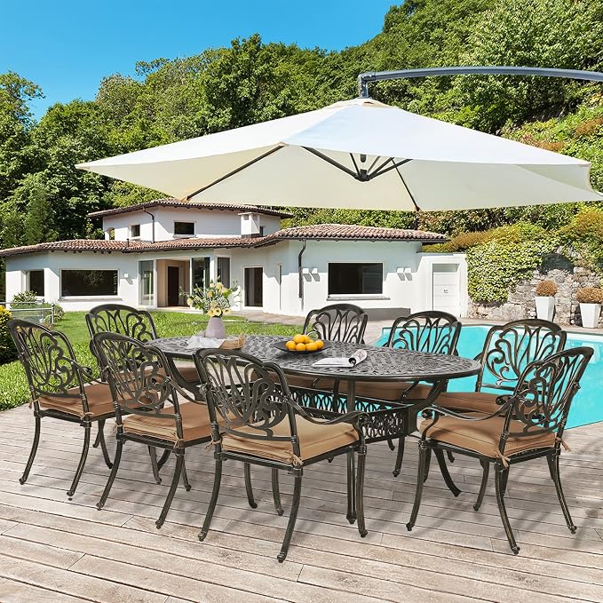 9-Piece Patio Dining Set, Outdoor Patio Table and Chair Set of 84” Oval Cast Aluminum Dining Table with Umbrella Hole and 8 Outdoor Dining Cushion Chairs, Patio Funiture Set for Lawn Garden