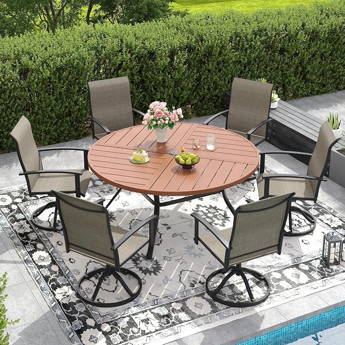 DIFY 7 Pieces Outdoor Dining Set, Metal Patio Table and Chairs Set for 6 with Umbrella Hole, 53.1" Walnut Round Table and Brown Textilene Swivel Patio Chairs for Garden, Backyard, Poolside