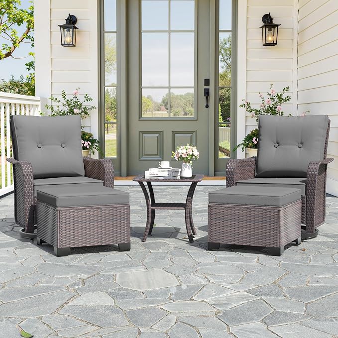 Kullavik 5 Pieces Outdoor Swivel Chairs Set,Patio Wicker Rocker Chairs with 4" Thick Cushions,Side Table and Ottomans,Patio Conversation Furniture Set for Patio Porch Deck Backyard,Grey