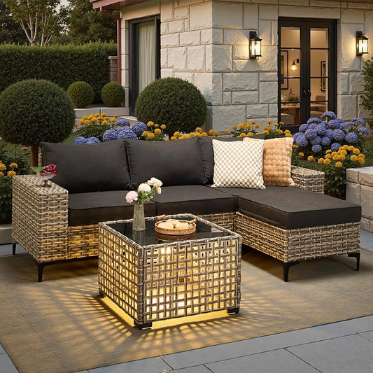 5 Pcs Patio Outdoor Furniture Set - All Weather Wicker Outdoor Sectional Sofa Couch with Coffee Table and Ottoman,Patio Modular Rattan Conversation Set for Garden Deck Yard,Black