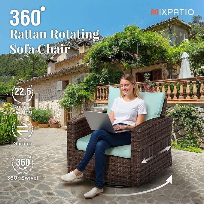MIXPATIO Swivel Glider Patio Furniture Set, 8 Pcs Wicker Rattan Outdoor Conversation Set, 2 x Swivel Chairs, 2 x Leg Chairs, 1 x 3 Seater Sofa and 2 x Ottomans and 56" Fire Pit Table, Blue