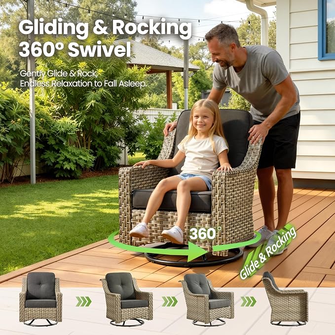 6 Piece Patio Furniture Set with Fire Pit Table, Conversation Sets with High Back Swivel Rocker Chairs, Outdoor Wicker Sofa Loveseat with Comfy Cushion for Backyard Deck Garden, Black
