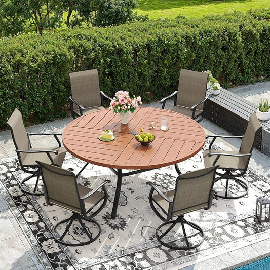 DIFY Patio Table and Chairs Set for 6, 7 Piece Outdoor Dining Set, 53.1" Walnut Round Metal Dining Table with Umbrella Hole and 6 Brown Textilene Swivel Patio Chairs, for Garden Backyard Deck