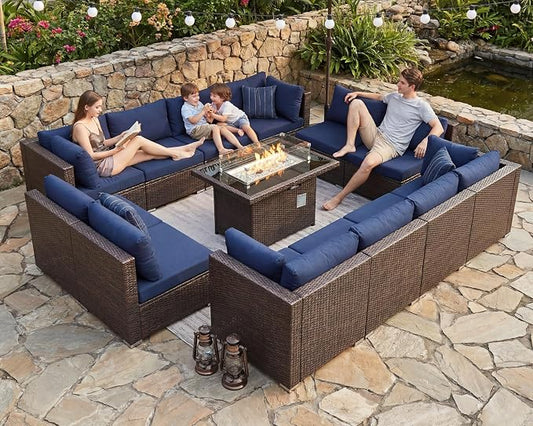 BULEXYARD 13 Piece High Back Wicker Patio Furniture Sets with Fire Pit, Elegant Oversized Outdoor Seating Set Modular, Comfy Extra Deep Wide 12-Person Sectional Couch Sofa for Backyard, Brown & Blue