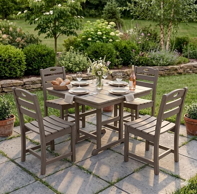 WILLIAMSPACE 37.8" Outdoor Patio Dining Set with 4 Armless Chairs, All Weather HDPE Square Dining Table with Umbrella Hole, Patio 5-Piece Bistro Set for Backyard, Balcony, Lawn, Kitchen (Brown)