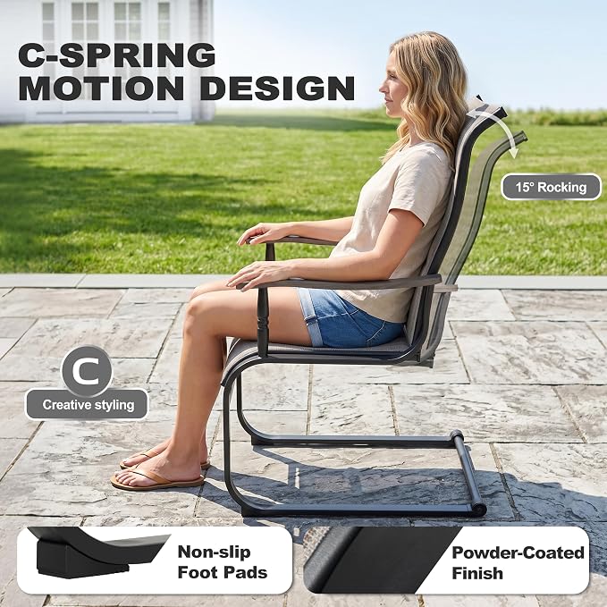 NUU GARDEN 7-Piece Patio Table and Chair Set, Grayish Brown Spring Chairs | All-weather dining table with umbrella hole, 6 padded textilene C-spring motion chairs with wood-grain armrests