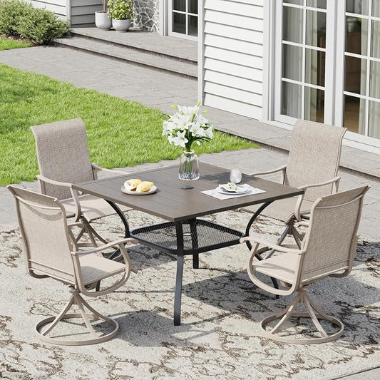 5 Pieces Patio Furniture Dining Set, 4 Textilene Swivel Dining Chairs, 38" Outdoor Square Metal Table with Storage Shelf and 1.57" Umbrella Hole, Outdoor Dining Set for Porch, Lawn, Grey/Sand