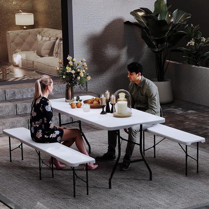 Real Relax 6' Picnic Table with 2 Benches, 3 Piece White Portable HDPE Folding Camping Table and Benches for Courtyard, Garden, Outdoor Leisure, Party