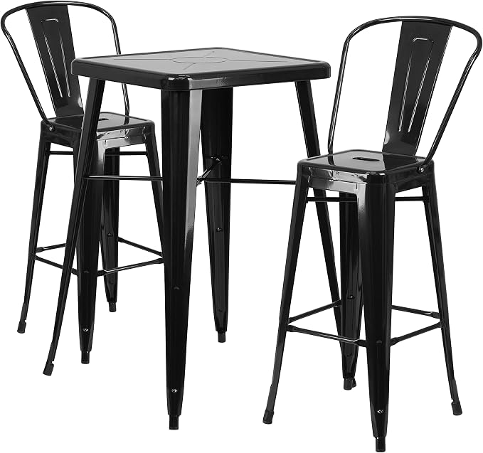EMMA + OLIVER Commercial Grade 23.75SQ Black Metal Indoor-Outdoor Bar Table Set-2 Stools-Backs
