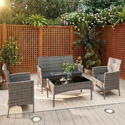 4 Pieces Outdoor Patio Furniture Set, Wicker Patio Conversation Set with Tea Table, All-Weather Outside Rattan Sectional Sofa for Backyard, Poolside, Garden, Balcony, Gray/Dark Gray