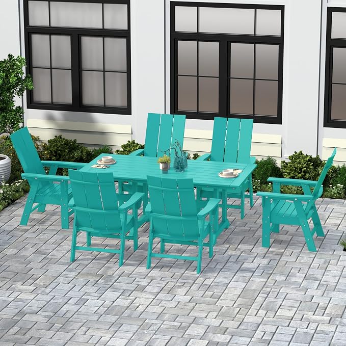 WestinTrends Ashore 7 Pieces Adirondack Outdoor Dining Set, All Weather Poly Lumber Slatted Modern Farmhouse Outdoor Furniture Set, 71" Trestle Dining Table and 6 Adirondack Dining Chair, Turquoise
