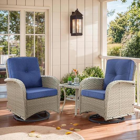 Outdoor Swivel Glider Rocker Chairs - 3 Piece Wicker Patio Furniture Set, All Weather Patio Bistro Set with Glass Side Table for Balcony Porch Deck Backyard - Light Beige Wicker Blue Cushion