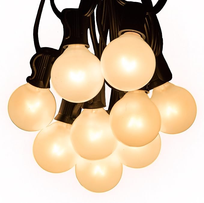 G40 White Pearl Outdoor Patio Globe String Lights (25 Foot - White Wire) | G40 Frosted White Pearl 1.6" Bulbs