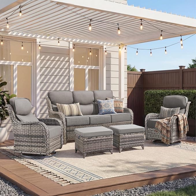 Luxury 5 Pieces Outdoor Patio Furniture Set-High Back Swivel Rocker Patio Chairs with Sofa and Ottomans, 6-inch Extra Thick Cushions Wicker Outdoor Conversation Set for Garden Porch(Grey/Grey)