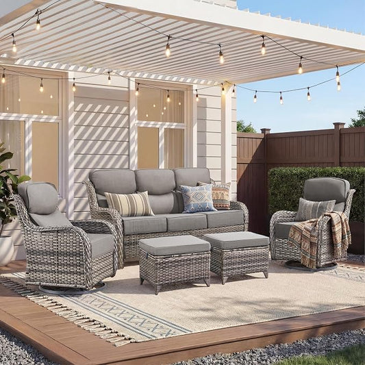 Luxury 5 Pieces Outdoor Patio Furniture Set-High Back Swivel Rocker Patio Chairs with Sofa and Ottomans, 6-inch Extra Thick Cushions Wicker Outdoor Conversation Set for Garden Porch(Grey/Grey)